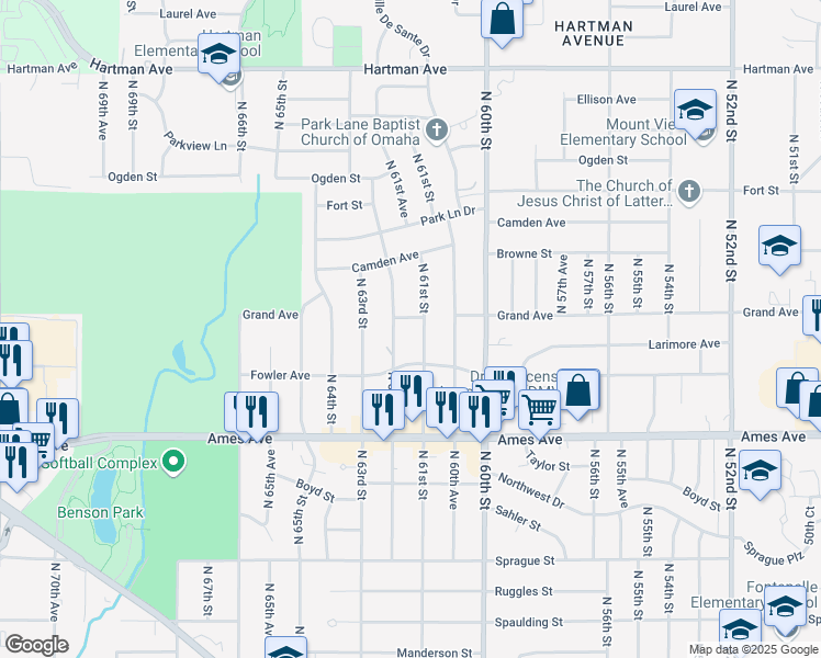 map of restaurants, bars, coffee shops, grocery stores, and more near 4722 North 61st Street in Omaha