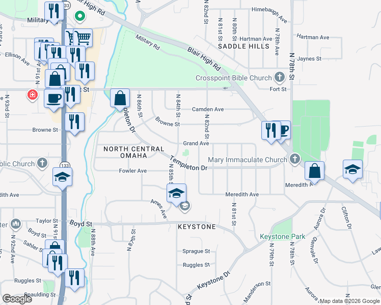 map of restaurants, bars, coffee shops, grocery stores, and more near 4727 North 83rd Avenue Circle in Omaha