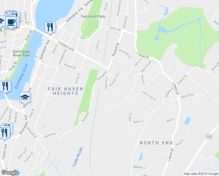 map of restaurants, bars, coffee shops, grocery stores, and more near 7 Mountain Top Lane in New Haven