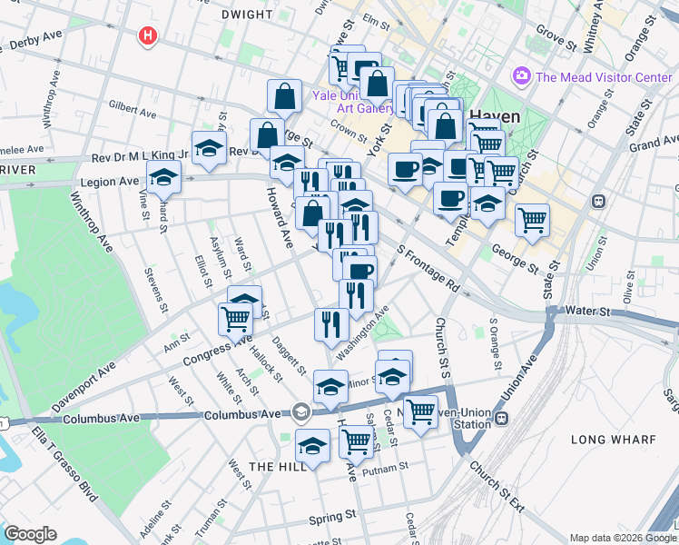map of restaurants, bars, coffee shops, grocery stores, and more near 310 Cedar Street in New Haven