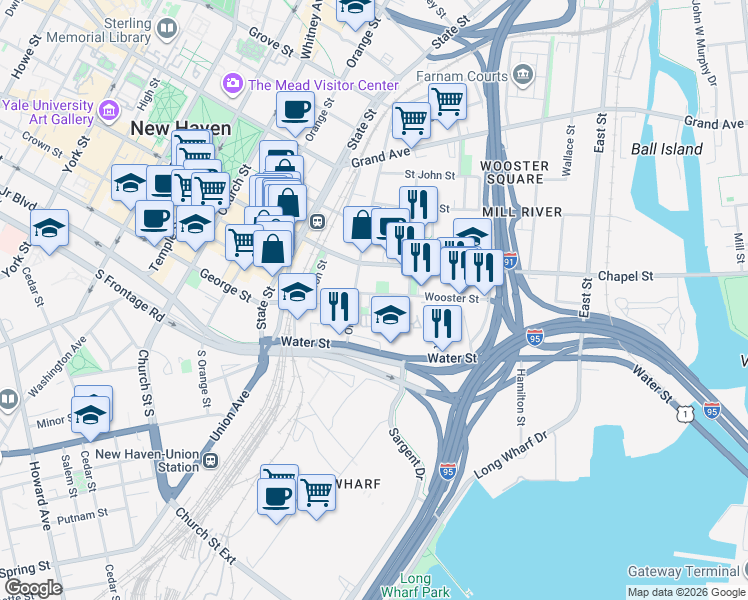 map of restaurants, bars, coffee shops, grocery stores, and more near 224 Wooster Street in New Haven