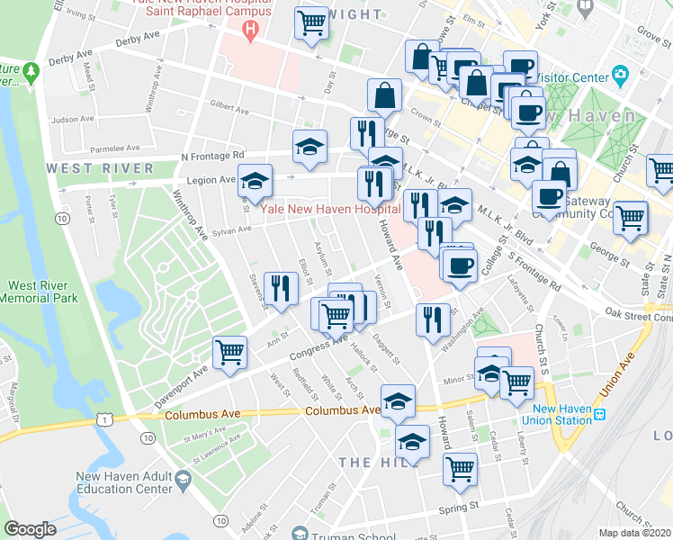 map of restaurants, bars, coffee shops, grocery stores, and more near 169 Davenport Avenue in New Haven