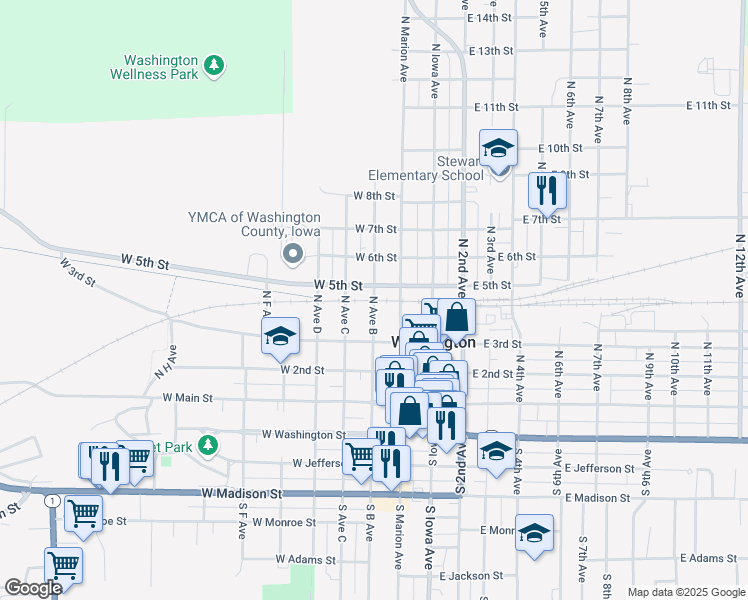 map of restaurants, bars, coffee shops, grocery stores, and more near North B Avenue in Washington