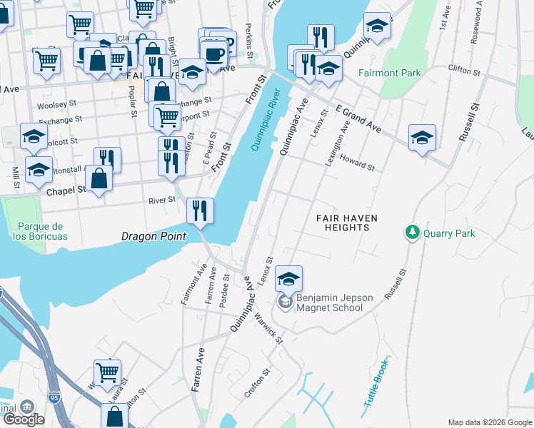 map of restaurants, bars, coffee shops, grocery stores, and more near 466 Quinnipiac Avenue in New Haven