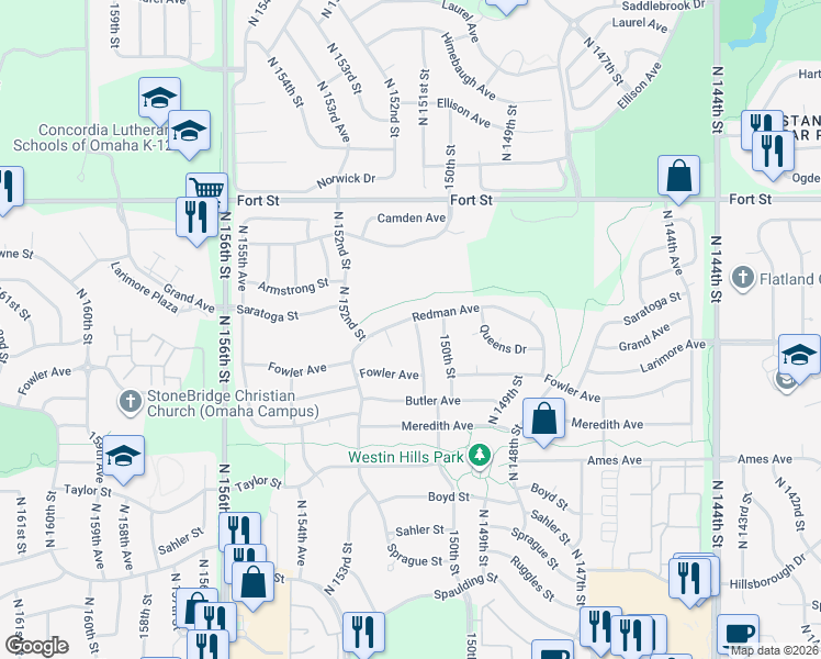 map of restaurants, bars, coffee shops, grocery stores, and more near 4736 North 150th Avenue in Omaha