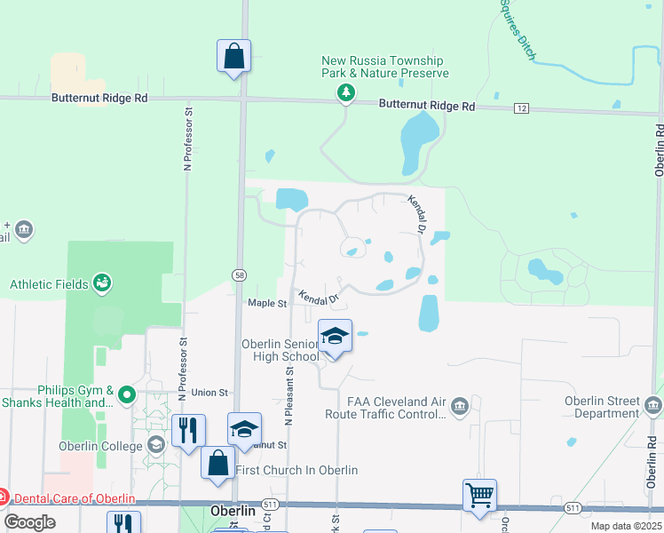 map of restaurants, bars, coffee shops, grocery stores, and more near 600 Kendal Drive in Oberlin