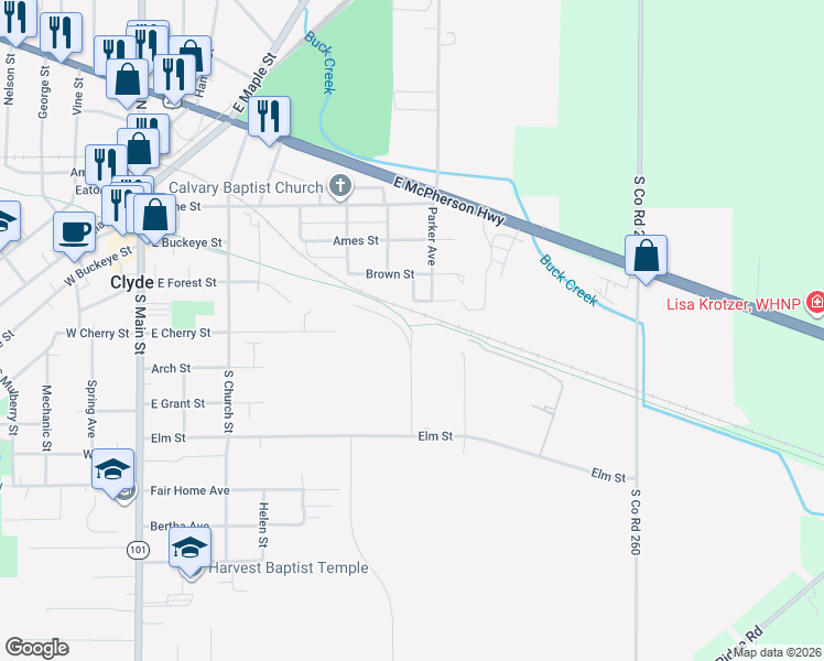 map of restaurants, bars, coffee shops, grocery stores, and more near North Coast Inland Trail in Clyde