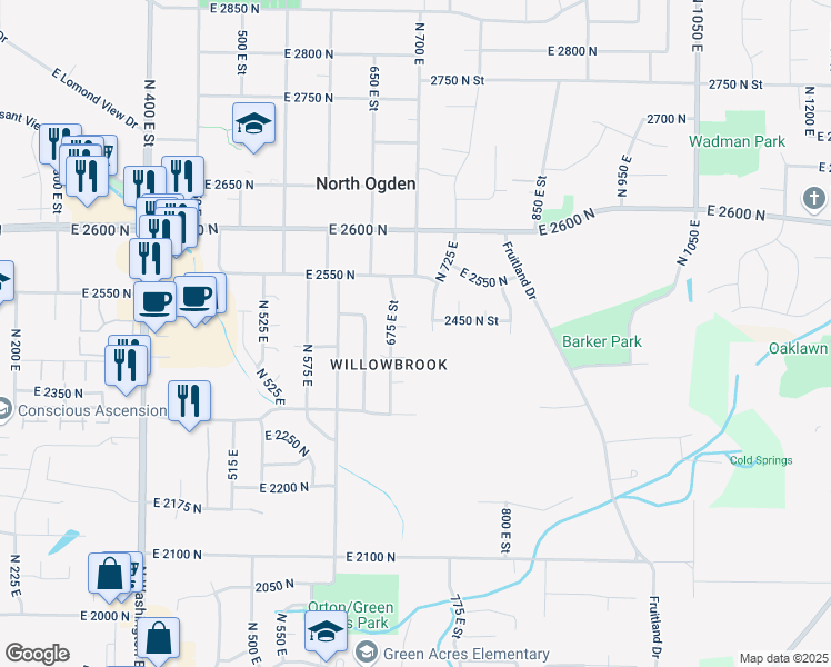 map of restaurants, bars, coffee shops, grocery stores, and more near 695 East 2450 North in Ogden