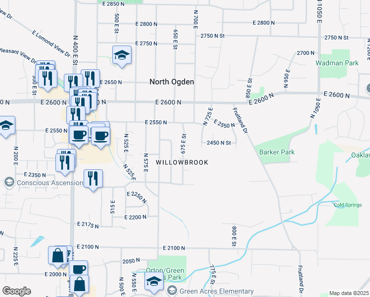 map of restaurants, bars, coffee shops, grocery stores, and more near 695 East 2450 North in Ogden