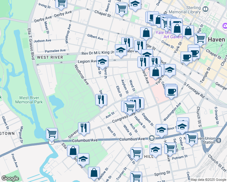 map of restaurants, bars, coffee shops, grocery stores, and more near 40 Orchard Street in New Haven