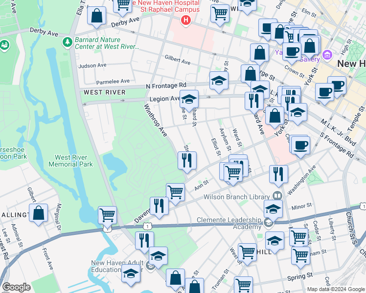 map of restaurants, bars, coffee shops, grocery stores, and more near 42 Stevens Street in New Haven