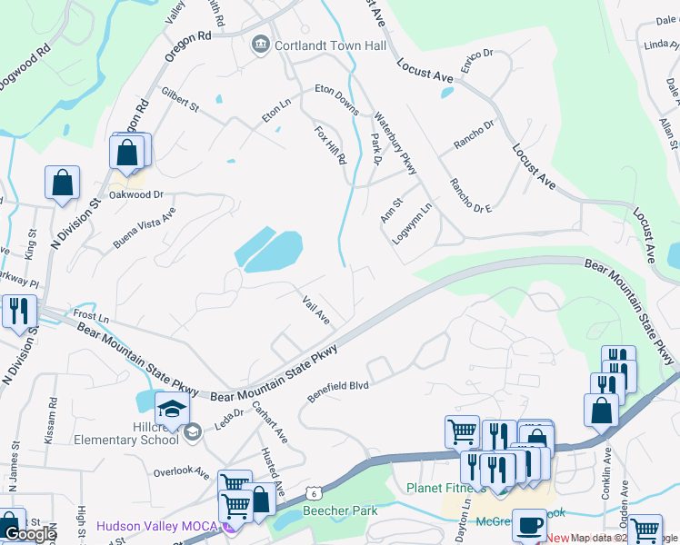 map of restaurants, bars, coffee shops, grocery stores, and more near 129 Vail Avenue in Peekskill