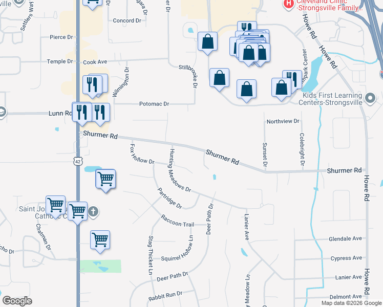 map of restaurants, bars, coffee shops, grocery stores, and more near 17675 Shurmer Road in Strongsville