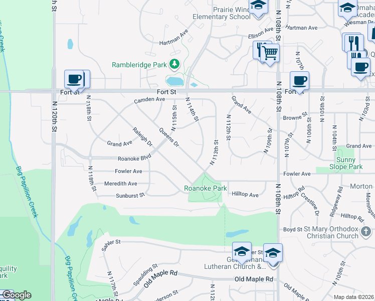 map of restaurants, bars, coffee shops, grocery stores, and more near 4814 North 114th Street in Omaha