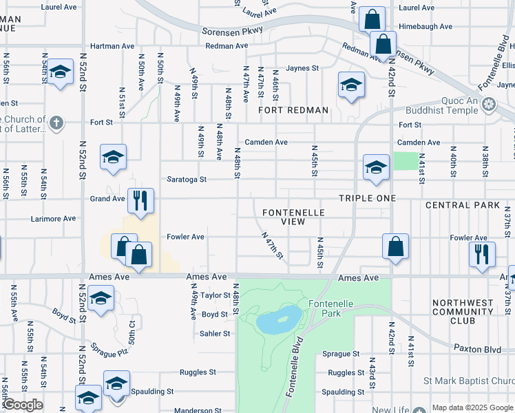 map of restaurants, bars, coffee shops, grocery stores, and more near 4815 North 47th Street in Omaha