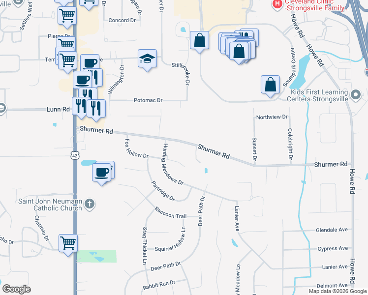 map of restaurants, bars, coffee shops, grocery stores, and more near 17675 Shurmer Road in Strongsville