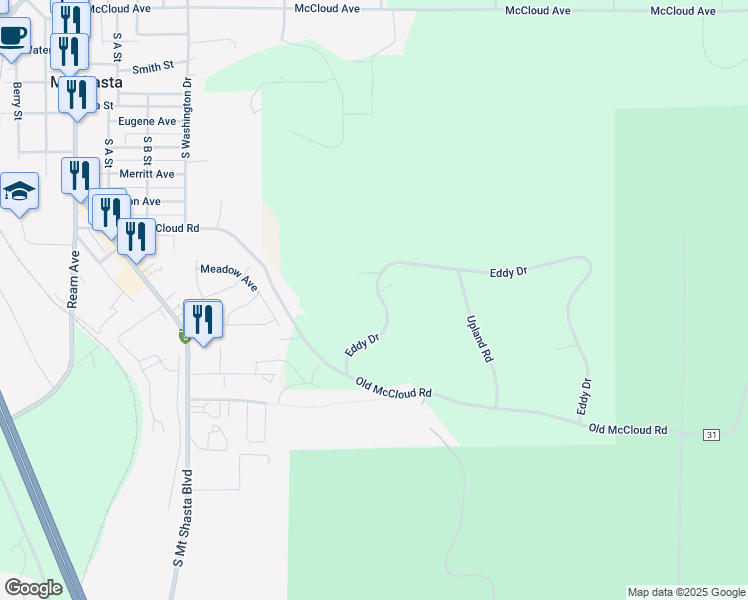 map of restaurants, bars, coffee shops, grocery stores, and more near 1227 Eddy Drive in Mount Shasta