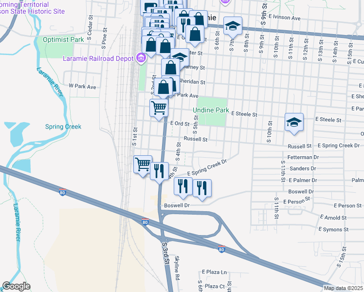 map of restaurants, bars, coffee shops, grocery stores, and more near 401-499 E Fetterman St in Laramie