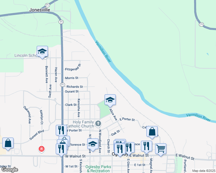 map of restaurants, bars, coffee shops, grocery stores, and more near 13 Park Road in Oglesby