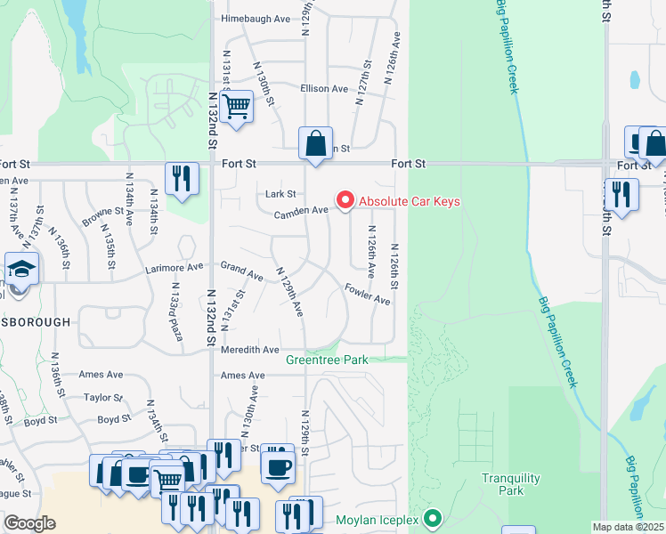 map of restaurants, bars, coffee shops, grocery stores, and more near 12705 Larimore Avenue in Omaha