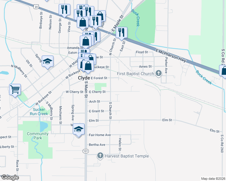 map of restaurants, bars, coffee shops, grocery stores, and more near 308 South Church Street in Clyde