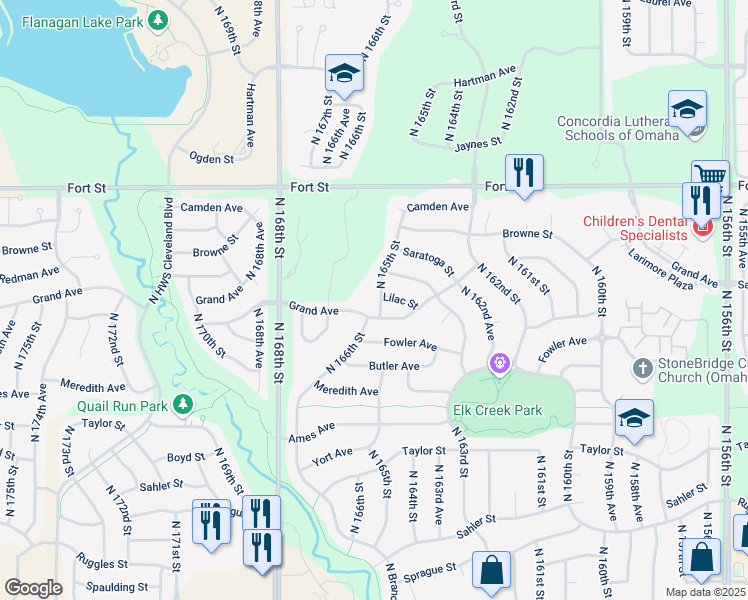 map of restaurants, bars, coffee shops, grocery stores, and more near 4901 North 165th Street in Omaha