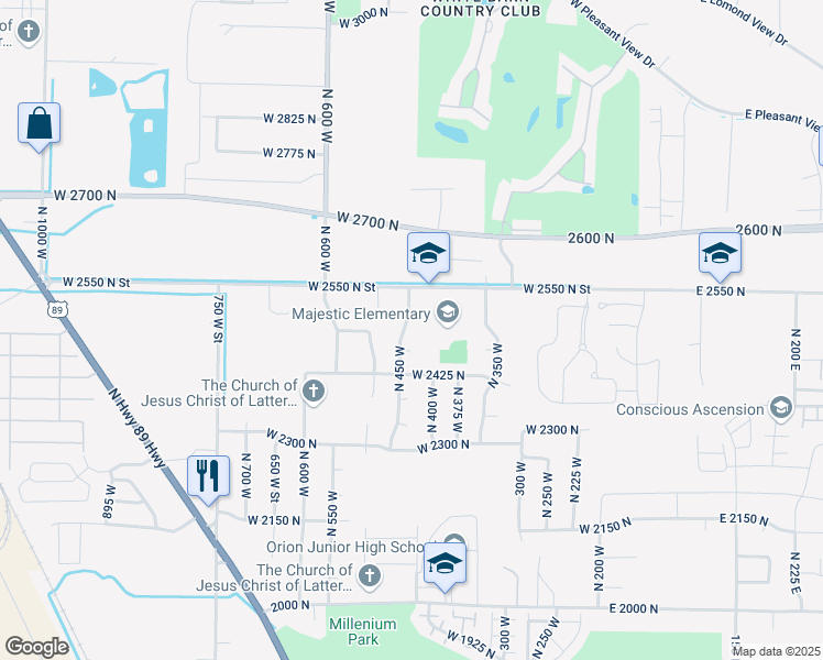 map of restaurants, bars, coffee shops, grocery stores, and more near 2506 North 450 West in Harrisville