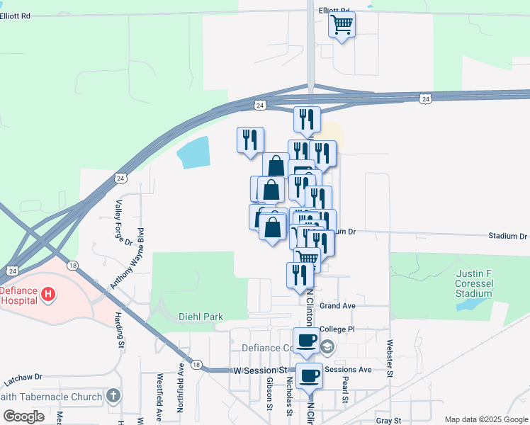 map of restaurants, bars, coffee shops, grocery stores, and more near 1500 North Clinton Street in Defiance