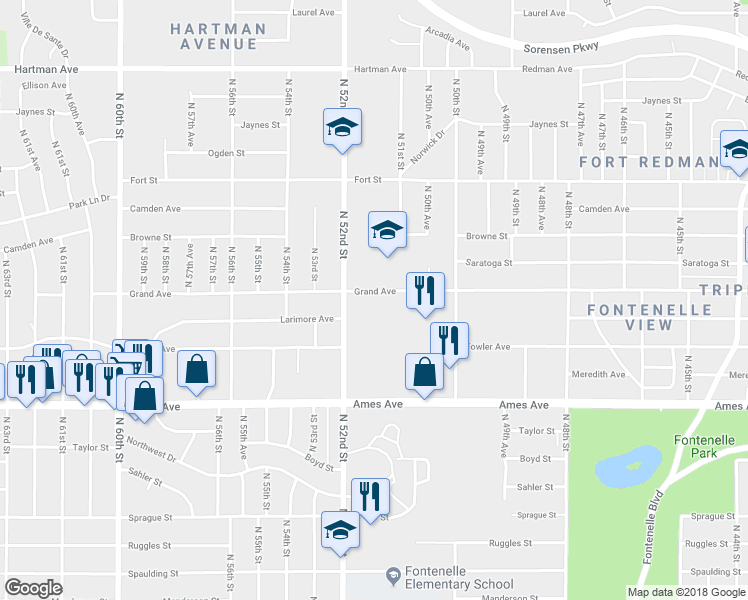 map of restaurants, bars, coffee shops, grocery stores, and more near 4801 North 52nd Street in Omaha