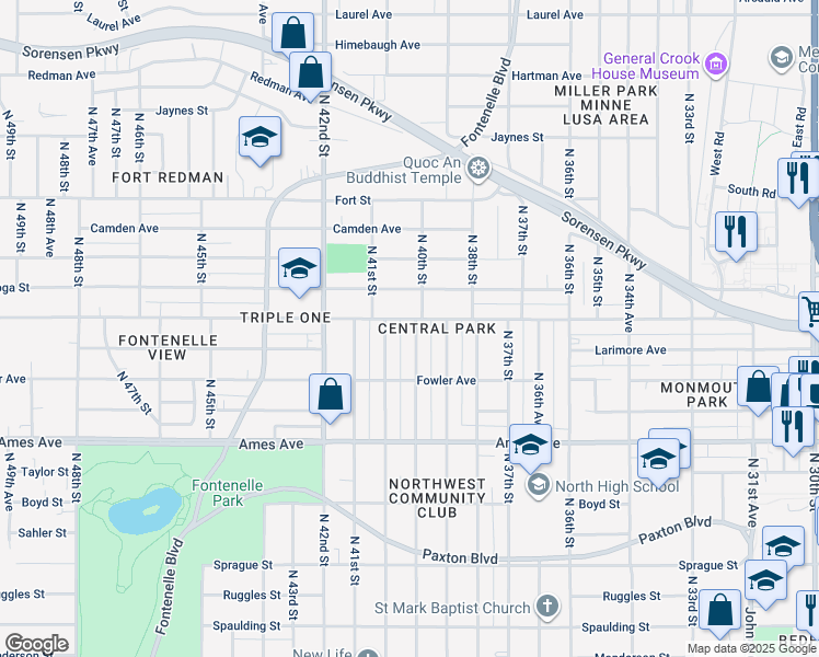 map of restaurants, bars, coffee shops, grocery stores, and more near 4735 North 40th Avenue in Omaha