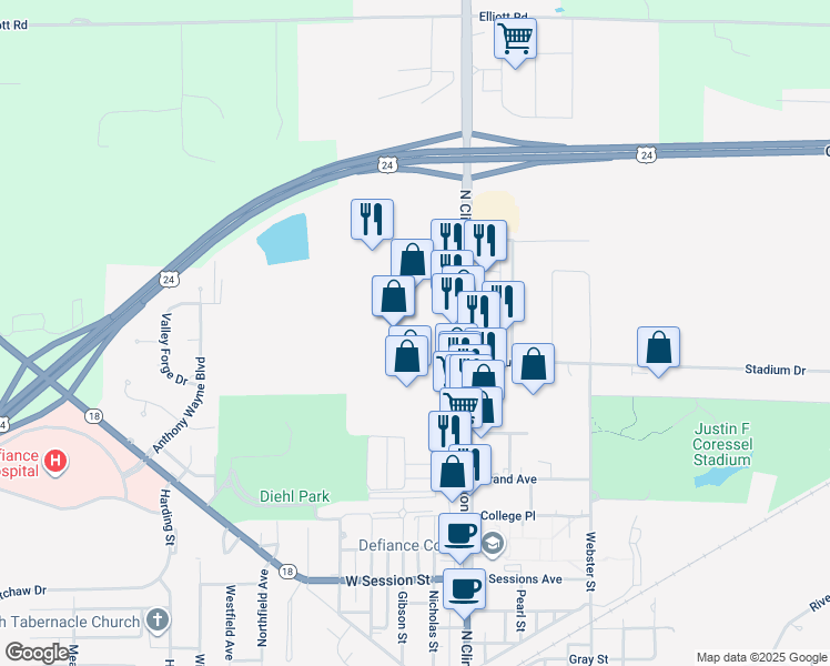map of restaurants, bars, coffee shops, grocery stores, and more near 1500 North Clinton Street in Defiance