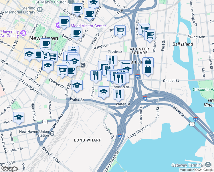 map of restaurants, bars, coffee shops, grocery stores, and more near 190 Wooster Street in New Haven