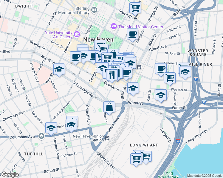 map of restaurants, bars, coffee shops, grocery stores, and more near 275 South Orange Street in New Haven