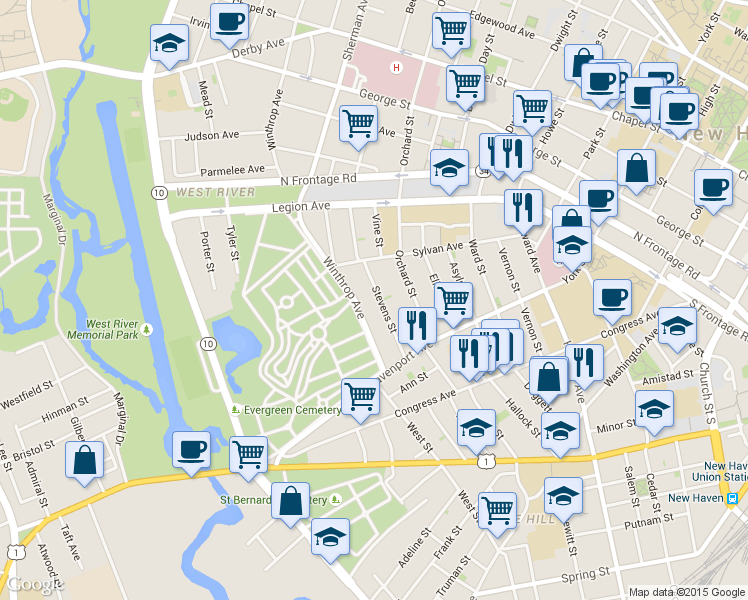 map of restaurants, bars, coffee shops, grocery stores, and more near 42 Stevens Street in New Haven