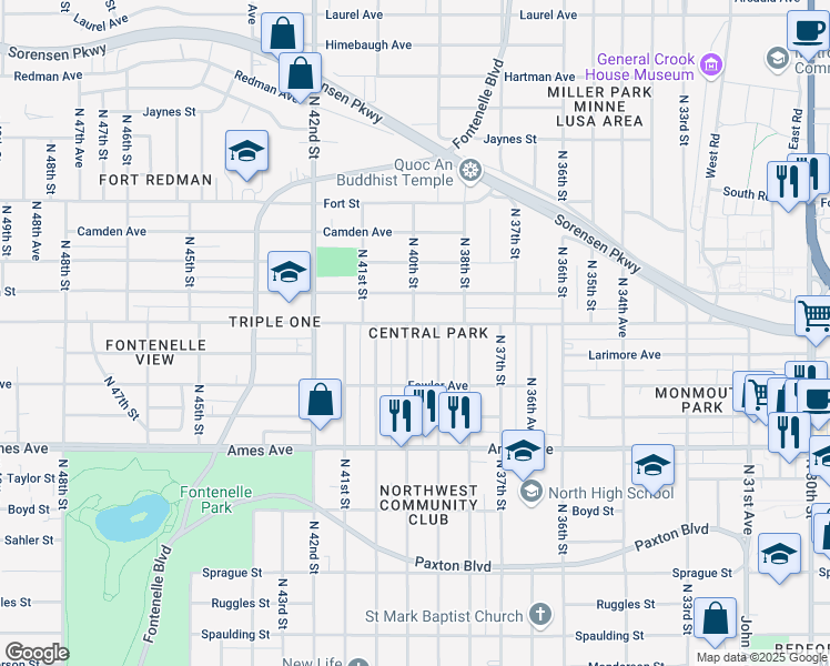 map of restaurants, bars, coffee shops, grocery stores, and more near 4734 North 39th Street in Omaha