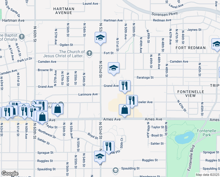 map of restaurants, bars, coffee shops, grocery stores, and more near 4801 North 52nd Street in Omaha