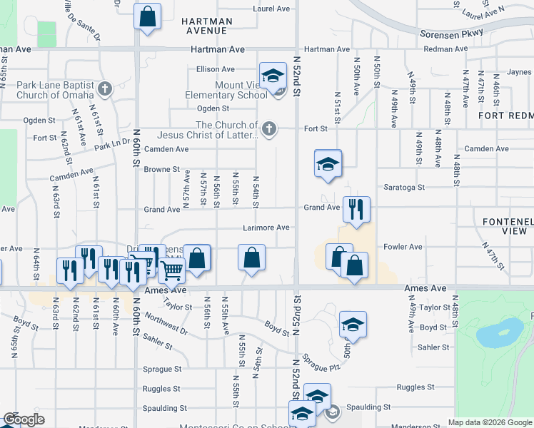 map of restaurants, bars, coffee shops, grocery stores, and more near 5318 Larimore Avenue in Omaha