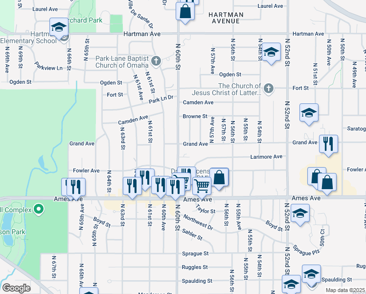 map of restaurants, bars, coffee shops, grocery stores, and more near in Omaha