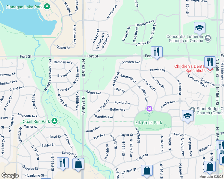 map of restaurants, bars, coffee shops, grocery stores, and more near 4901 North 165th Street in Omaha