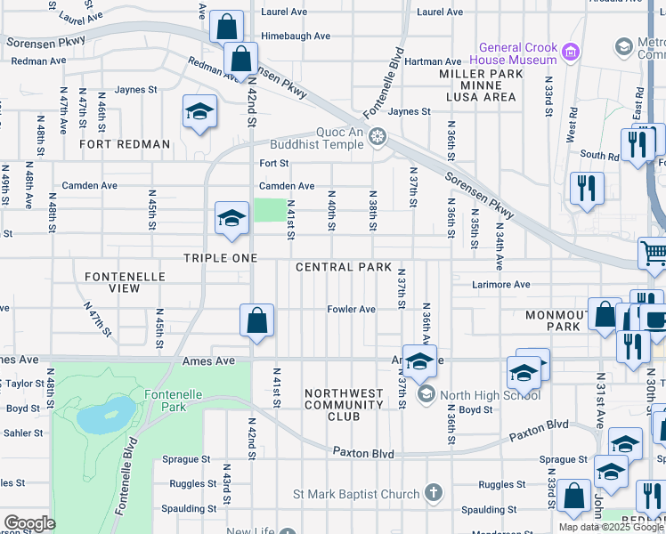 map of restaurants, bars, coffee shops, grocery stores, and more near 4734 North 39th Street in Omaha