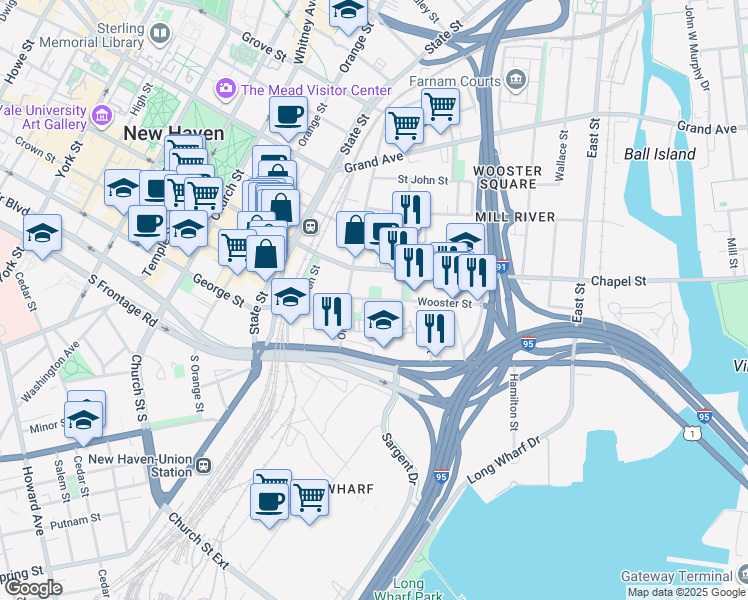 map of restaurants, bars, coffee shops, grocery stores, and more near Wooster St & Warren St in New Haven