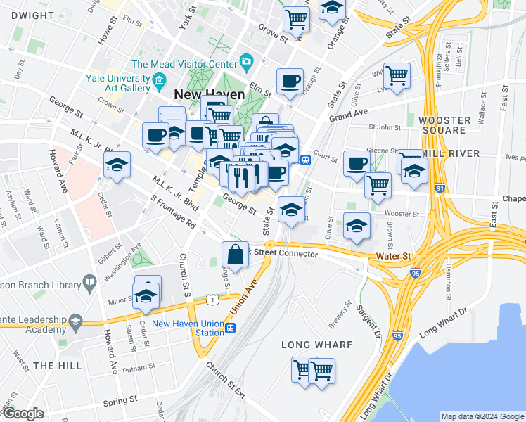 map of restaurants, bars, coffee shops, grocery stores, and more near 1 George Street in New Haven