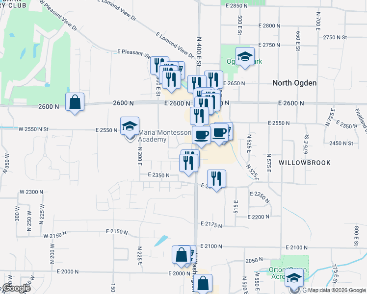 map of restaurants, bars, coffee shops, grocery stores, and more near 325 East 2550 North in North Ogden