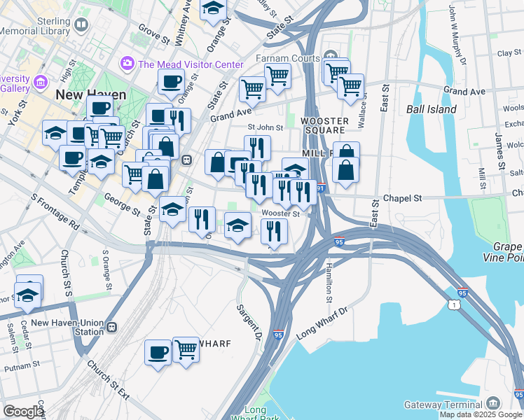 map of restaurants, bars, coffee shops, grocery stores, and more near 167 Wooster Street in New Haven