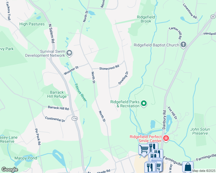 map of restaurants, bars, coffee shops, grocery stores, and more near 28 Ridgecrest Drive in Ridgefield