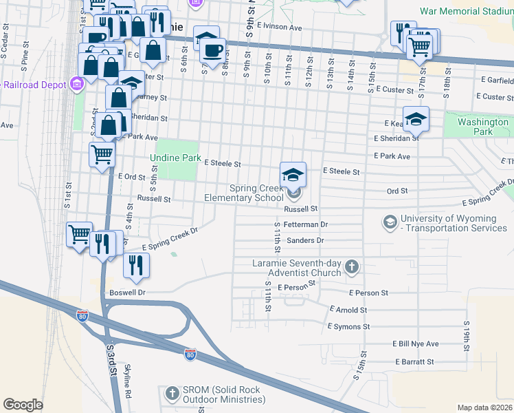map of restaurants, bars, coffee shops, grocery stores, and more near 1007 Fetterman Drive in Laramie