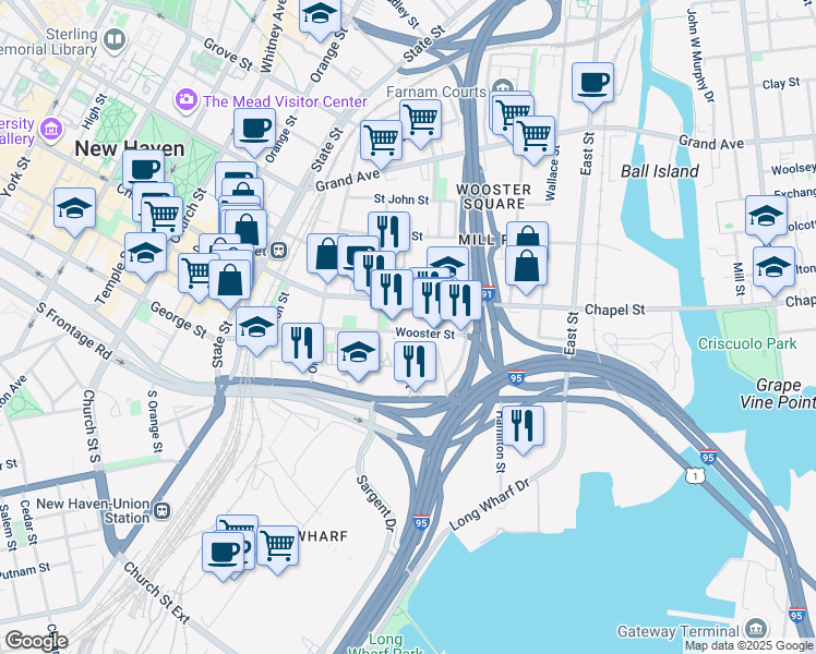 map of restaurants, bars, coffee shops, grocery stores, and more near 157 Wooster Street in New Haven