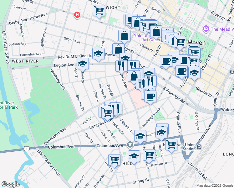 map of restaurants, bars, coffee shops, grocery stores, and more near 130 Davenport Avenue in New Haven