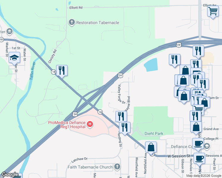 map of restaurants, bars, coffee shops, grocery stores, and more near 563 3 Rivers Court in Defiance