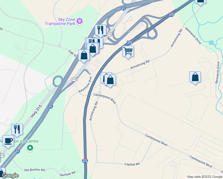 map of restaurants, bars, coffee shops, grocery stores, and more near 295 Centerpoint Boulevard in Pittston